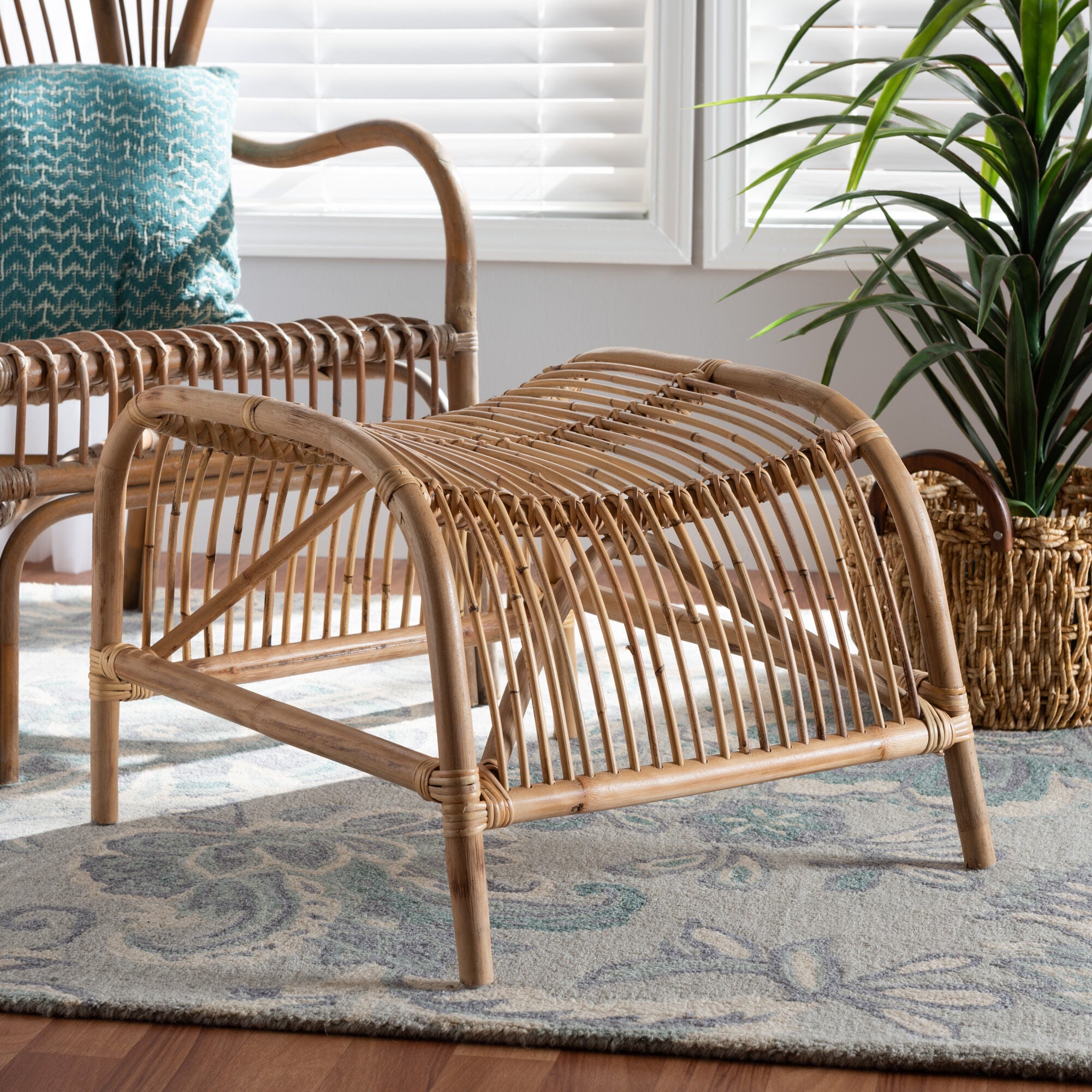 Lamaria Modern Bohmenian Natural Brown Antique Rattan Footstool, NATURAL BROWN, hi-res image number 0