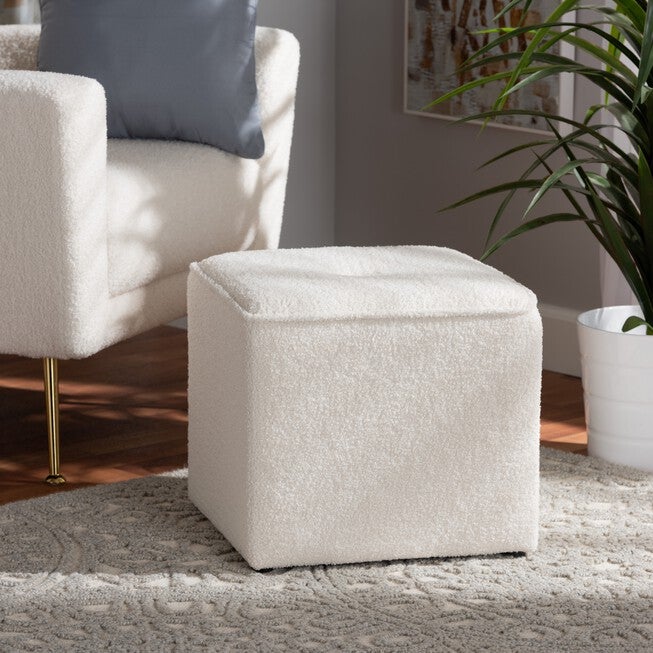 Isaiah Modern And Contemporary Ivory Boucle Upholstered Ottoman, , alternate image number null