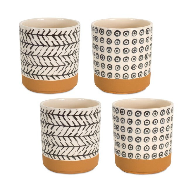 Geometric Patterned Pot with Terra Cotta Accent (Set of 4), BROWN/WHITE, hi-res image number null