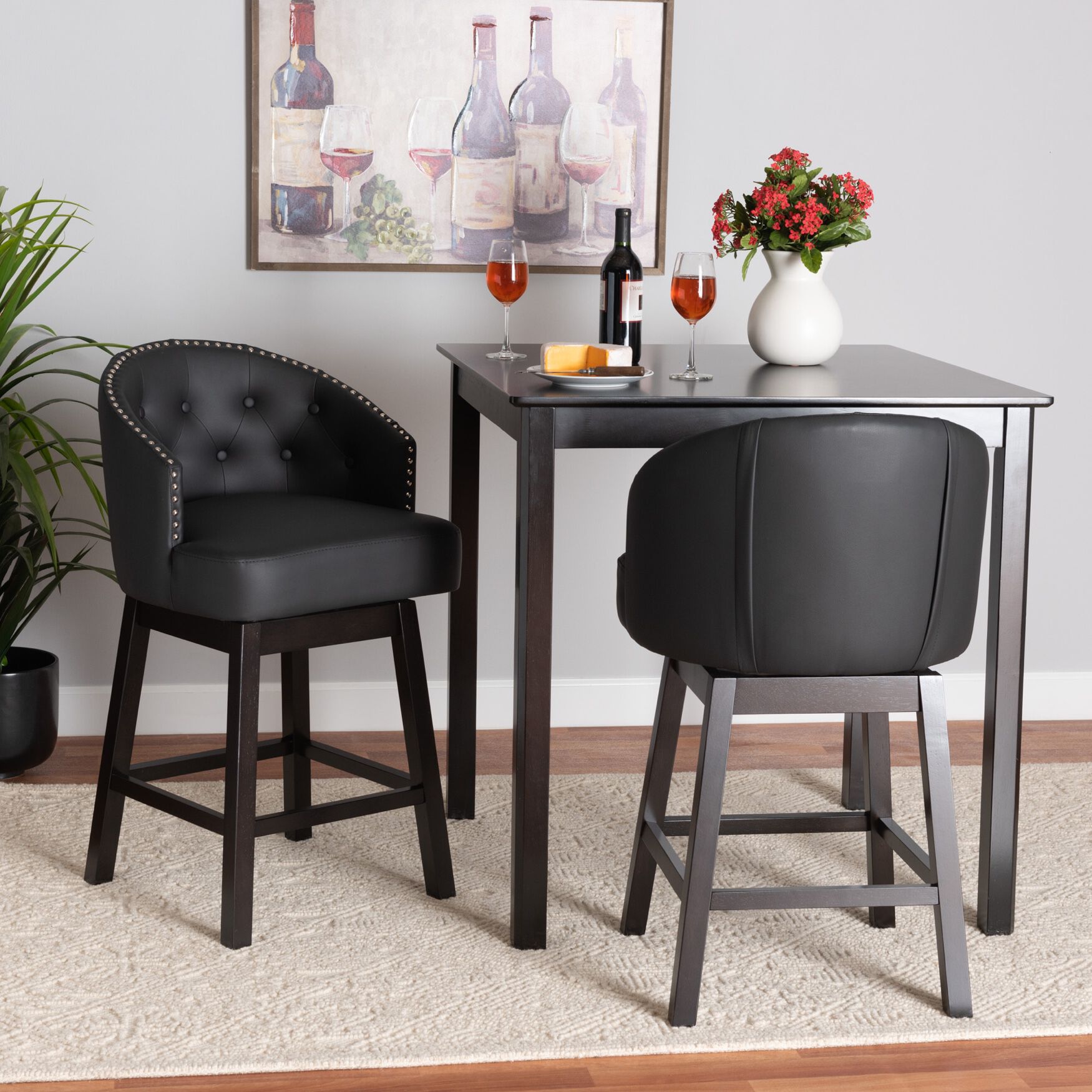 Theron Mid-Century Transitional Black Faux Leather and Espresso Brown Finished Wood 2-Piece Swivel Counter Stool Set, , alternate image number 11