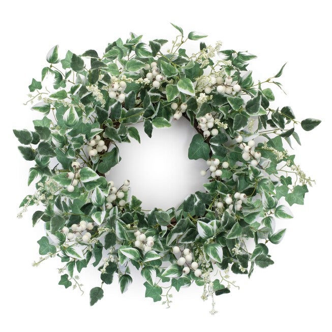 Mixed Foliage and Berry Wreath 23 inchesD, GREEN WHITE, hi-res image number 0