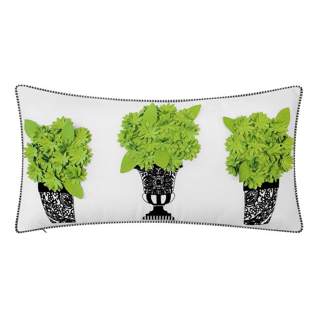 Edie @ Home Indoor/Outdoor Dimensional Topiary Lumbar W Crewel Embroidered Pots Decorative Throw Pillow 13X25, Leaf Multi, LEAF MULTI, hi-res image number 0