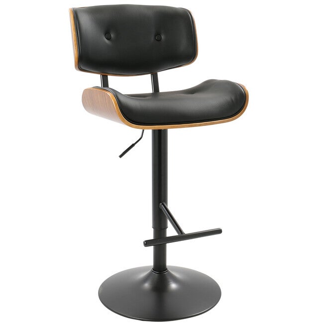 Lombardi Mid-Century Modern Adjustable Barstool In Walnut With Faux Leather Upholstery, WALNUT BLACK, hi-res image number 0