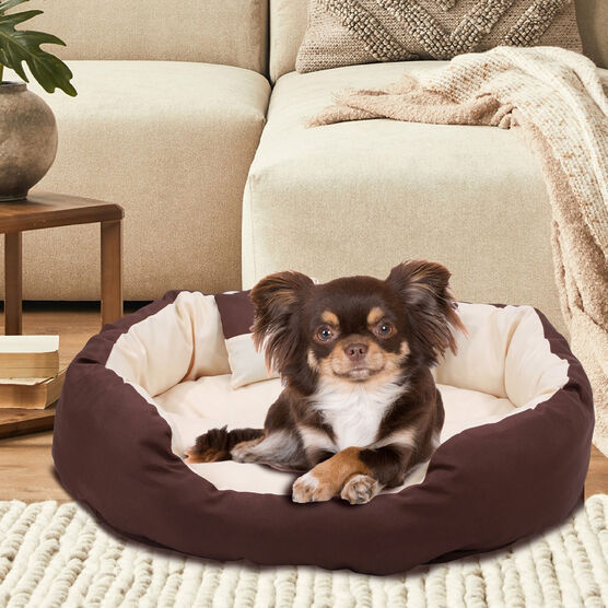 Happycare Tex Durable Bolster sleeper Oval Pet bed with removable reversible insert cushion and additional two pillow , Medium 26 by 20 inches ,Brown to Beige, BROWN, hi-res image number null