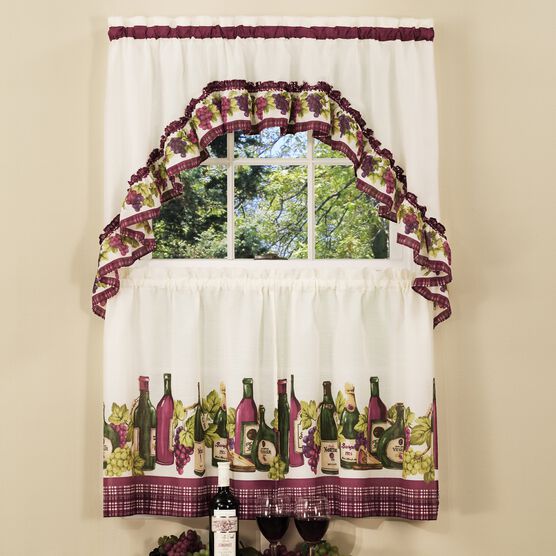 Chardonnay Printed Tier and Swag Window Curtain Set, BURGUNDY, hi-res image number null