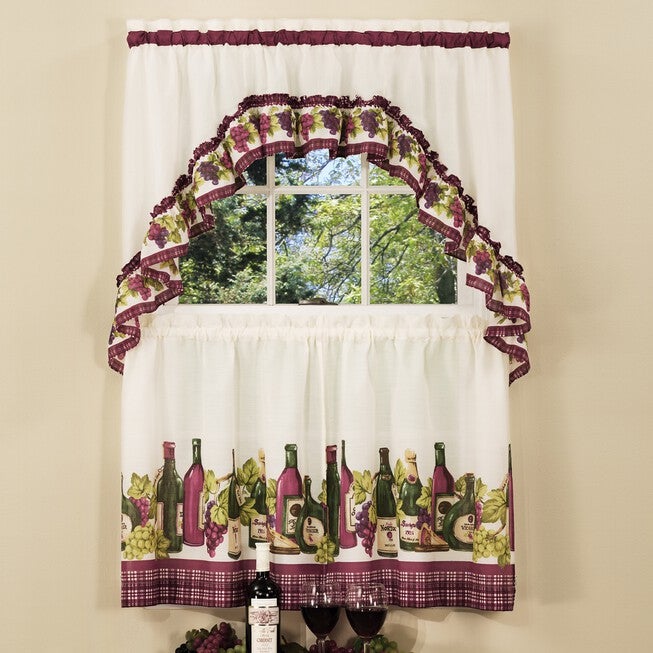 Chardonnay Printed Tier and Swag Window Curtain Set, BURGUNDY, hi-res image number 0