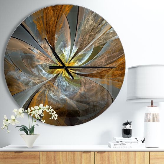 Symmetrical Yellow Fractal Flower Modern Wall Clock, YELLOW, hi-res image number null