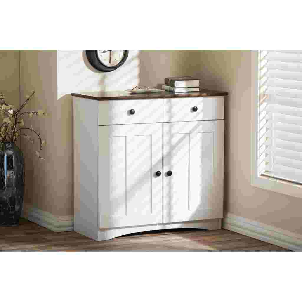 White kitchen cabinet with two doors and two drawers, placed in a room corner