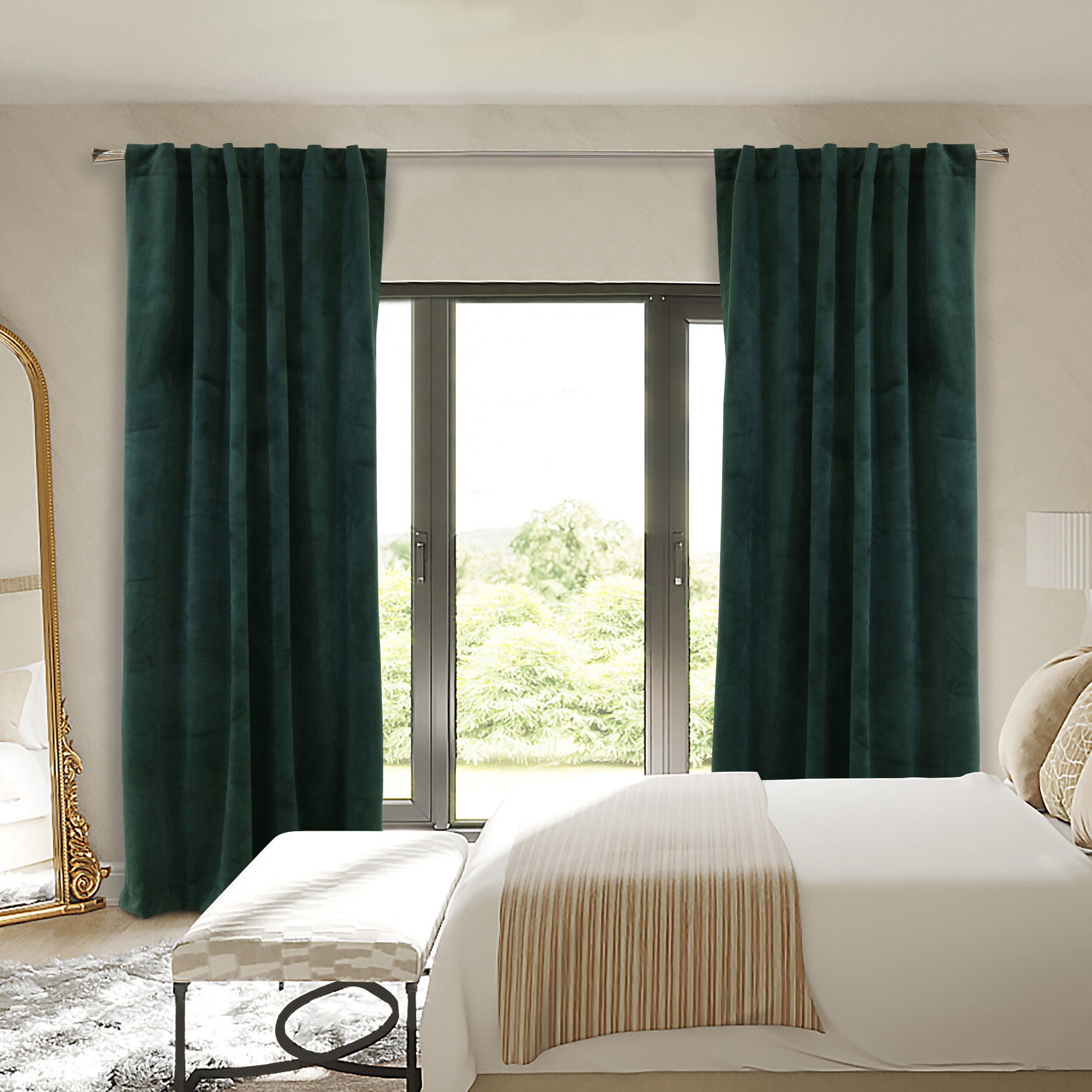 Seren Room Darkening Dual Header Curtain Panel, GREEN, hi-res image number 0