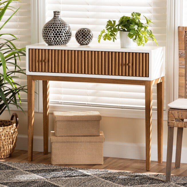 Odile Mid-Century Modern Two-Tone Natural Brown And White Bayur Wood 1-Drawer Console Table, , alternate image number 7