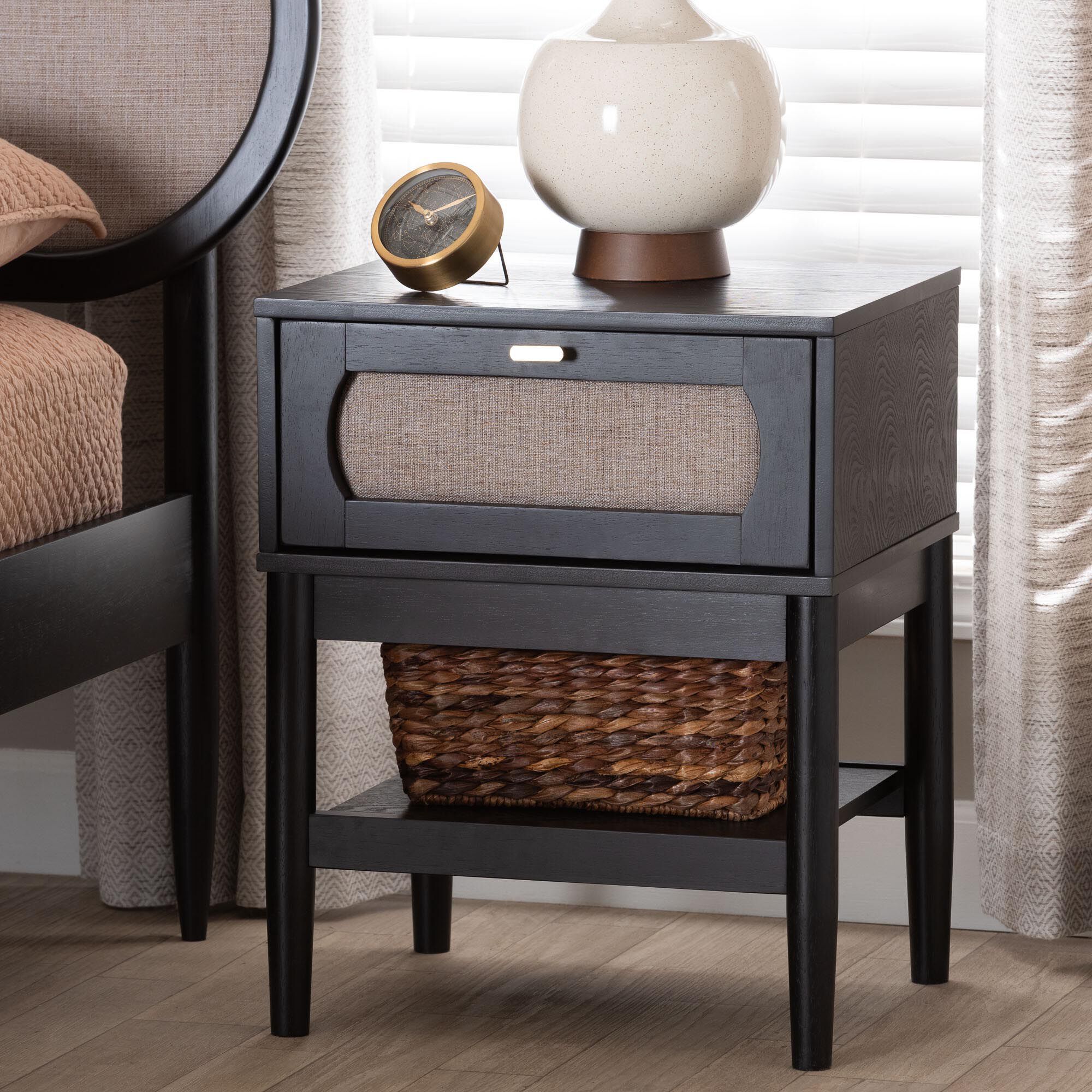 Shirin Mid-Century Beige Fabric and Black Wood 1-Drawer Nightstand, BLACK, hi-res image number 0