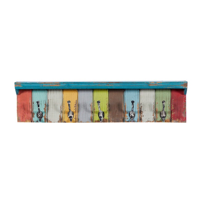 Multi Color Wood Coastal Wall Hooks With Shelf Wall Hook, MULTI, hi-res image number null