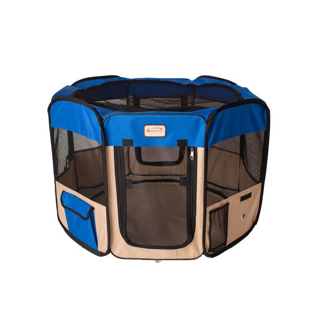 Portable Pet Dog Kitten Playpen In Blue And Beige Combo, , alternate image number null