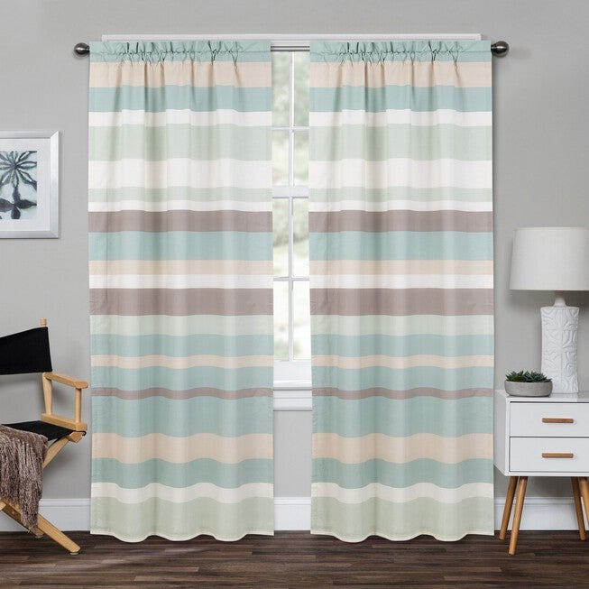 Coastal Stripe Window Panel Pair, BLUE GREEN BROWN, hi-res image number null