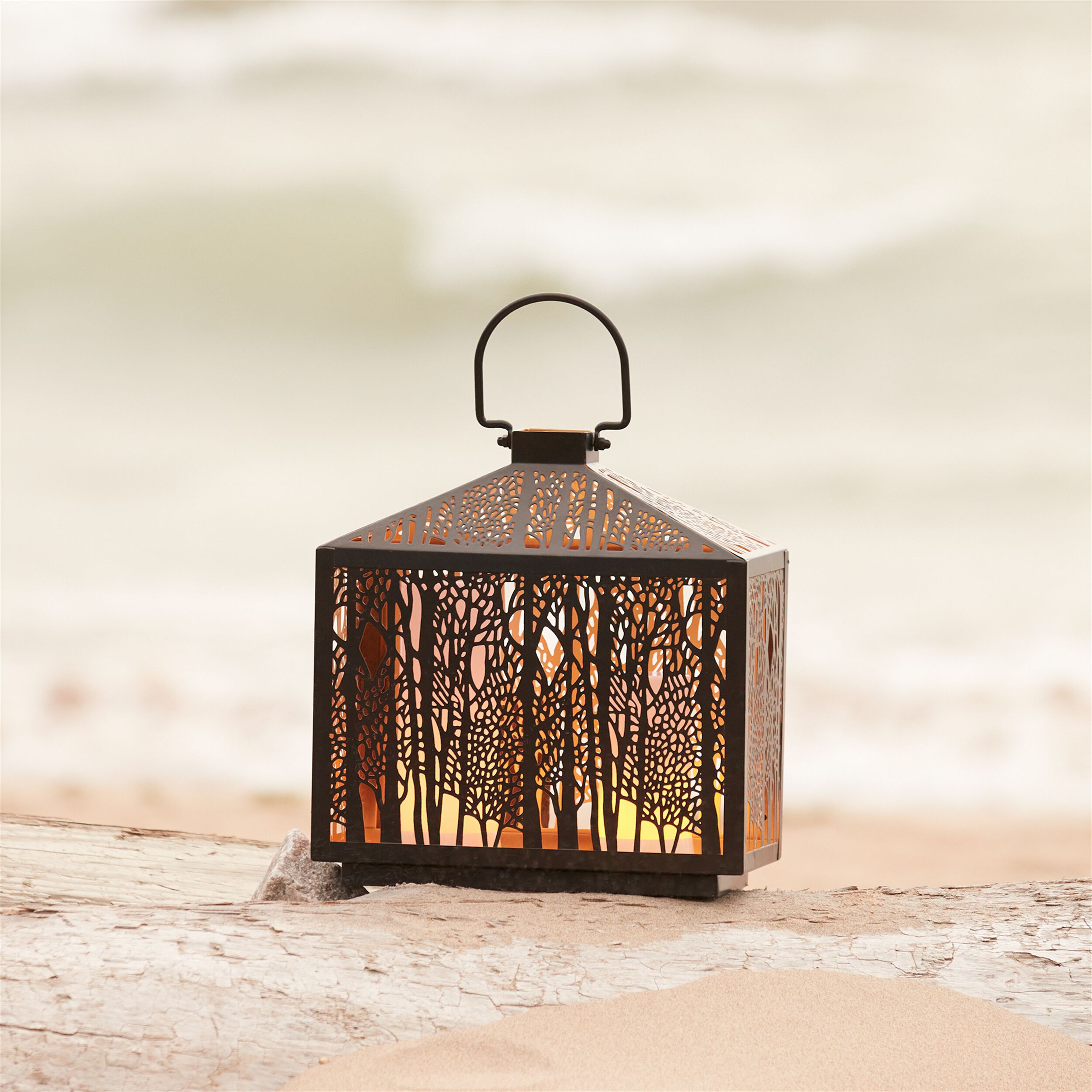 Forest Cut Metal Lantern with Gold Accent 12 inchesH, BLACK/GOLD, alternate image number 3