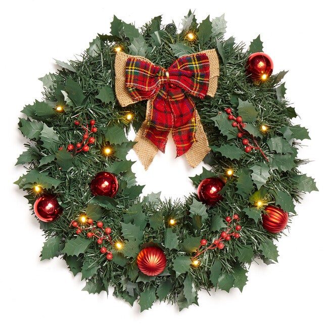 18 inches Cordless LED Christmas Wreath, PLAID, hi-res image number 0