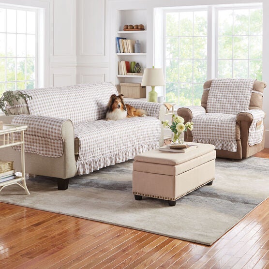 Gingham Ruffled Waterproof Microfiber Sofa Protector, Gingham Ruffled Waterproof Microfiber Sofa Protector,