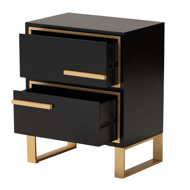 Giolla Contemporary Glam And Luxe Black Finished Wood And Gold Metal 2-Drawer Nightstand, , on-hover image number null