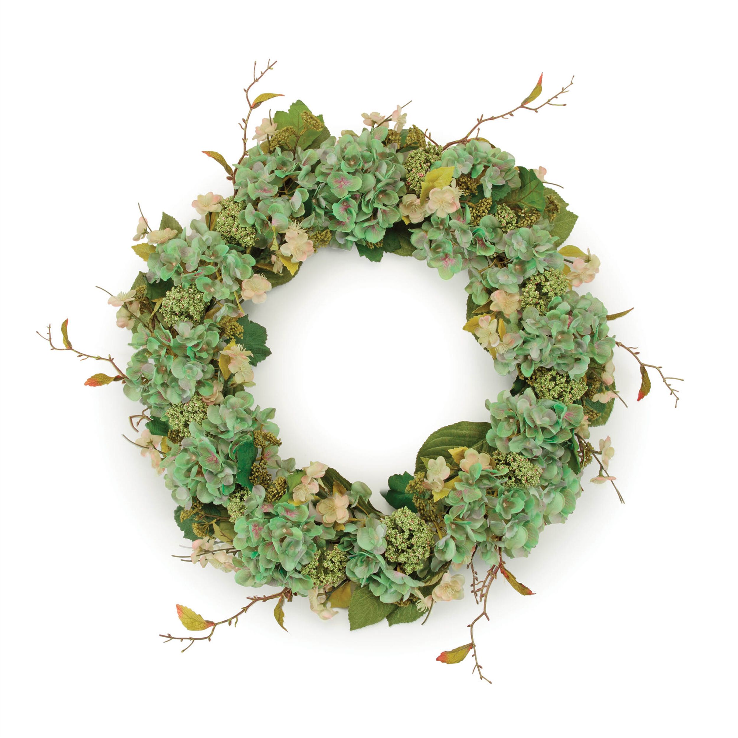 Hydrangea and Seedum Floral Wreath 32IND, GREEN, hi-res image number 0
