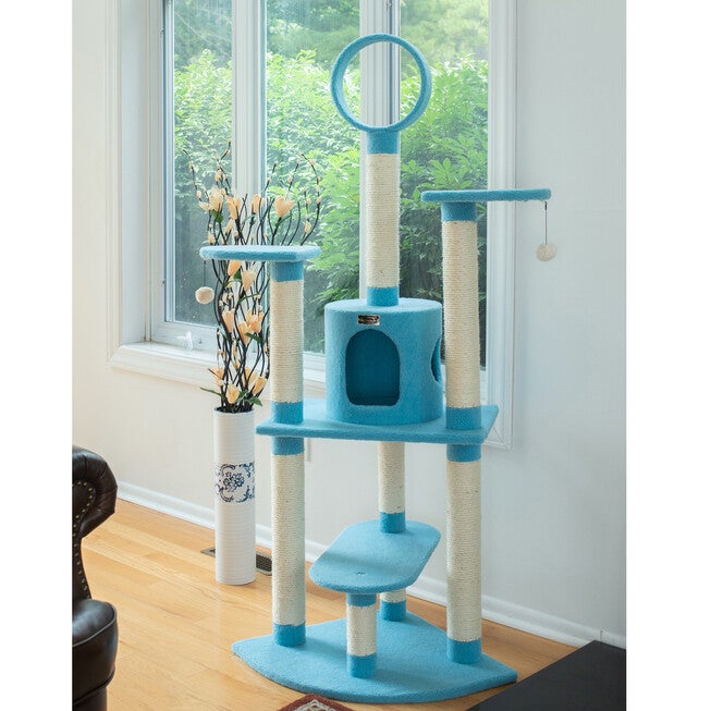 Classic 65 inches Real Wood Five Levels Cat Tree With Perch, Condo, Hanging Tunnel, , alternate image number null