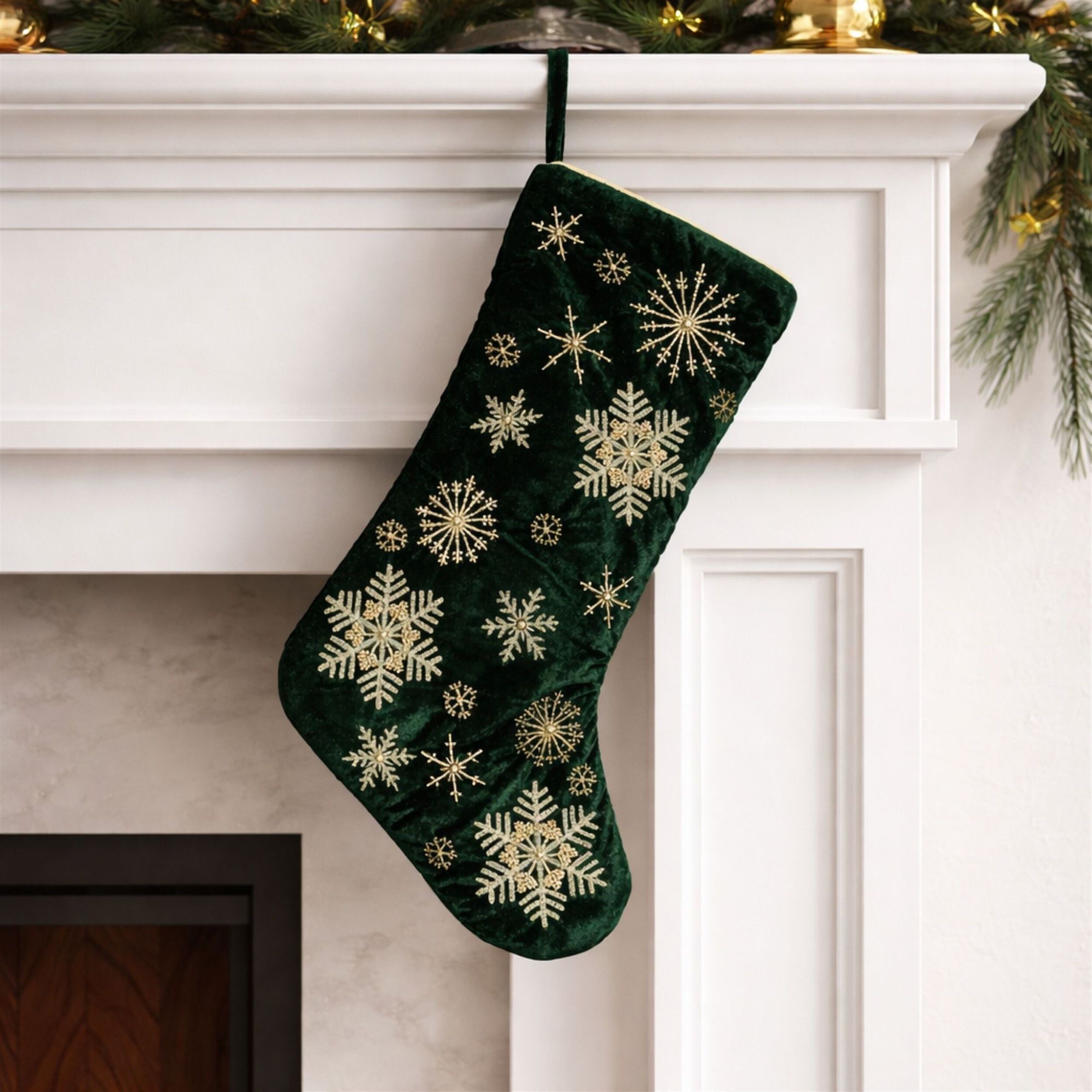 Velvet Snowflake Christmas Stocking 19.5 inchesH, GREEN GOLD, alternate image number 2
