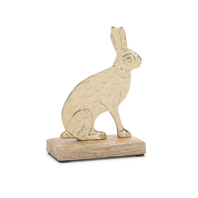 Modern Metal Bunny with Wood Base (Set of 2), GOLD/BROWN, alternate image number null