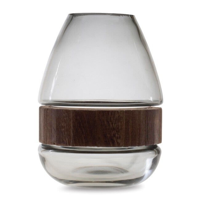 Grey Glass Vase with Natural Wood Accent 7.5 inchesH, BROWN/GREY, hi-res image number null
