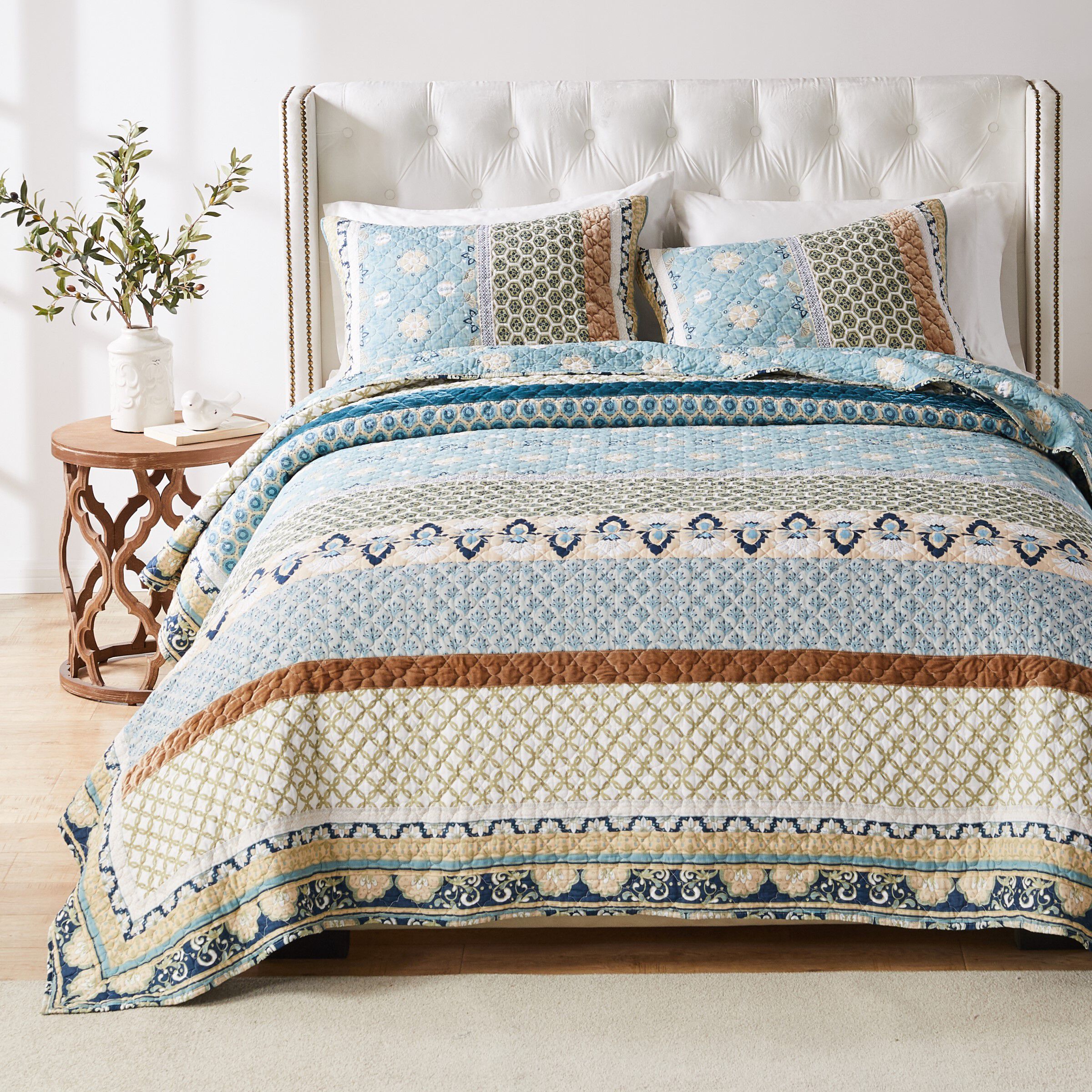 Thalia Bohemian Floral 100% Cotton Quilt Set, BLUE, hi-res image number 0