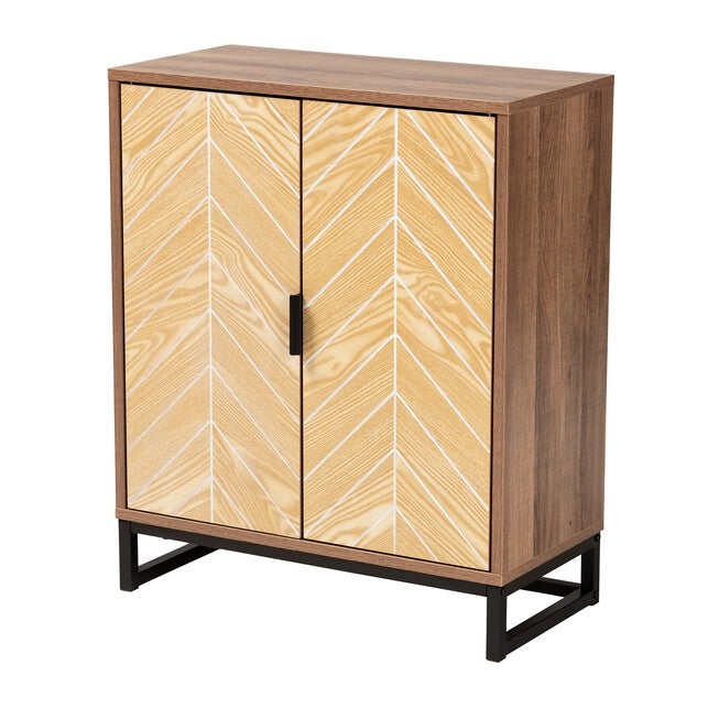 Josephine Mid-Century Modern Transitional Two-Tone Walnut And Natural Brown Finished Wood And Black Metal 2-Door Storage Cabinet, BROWN WHITE BLACK, hi-res image number null