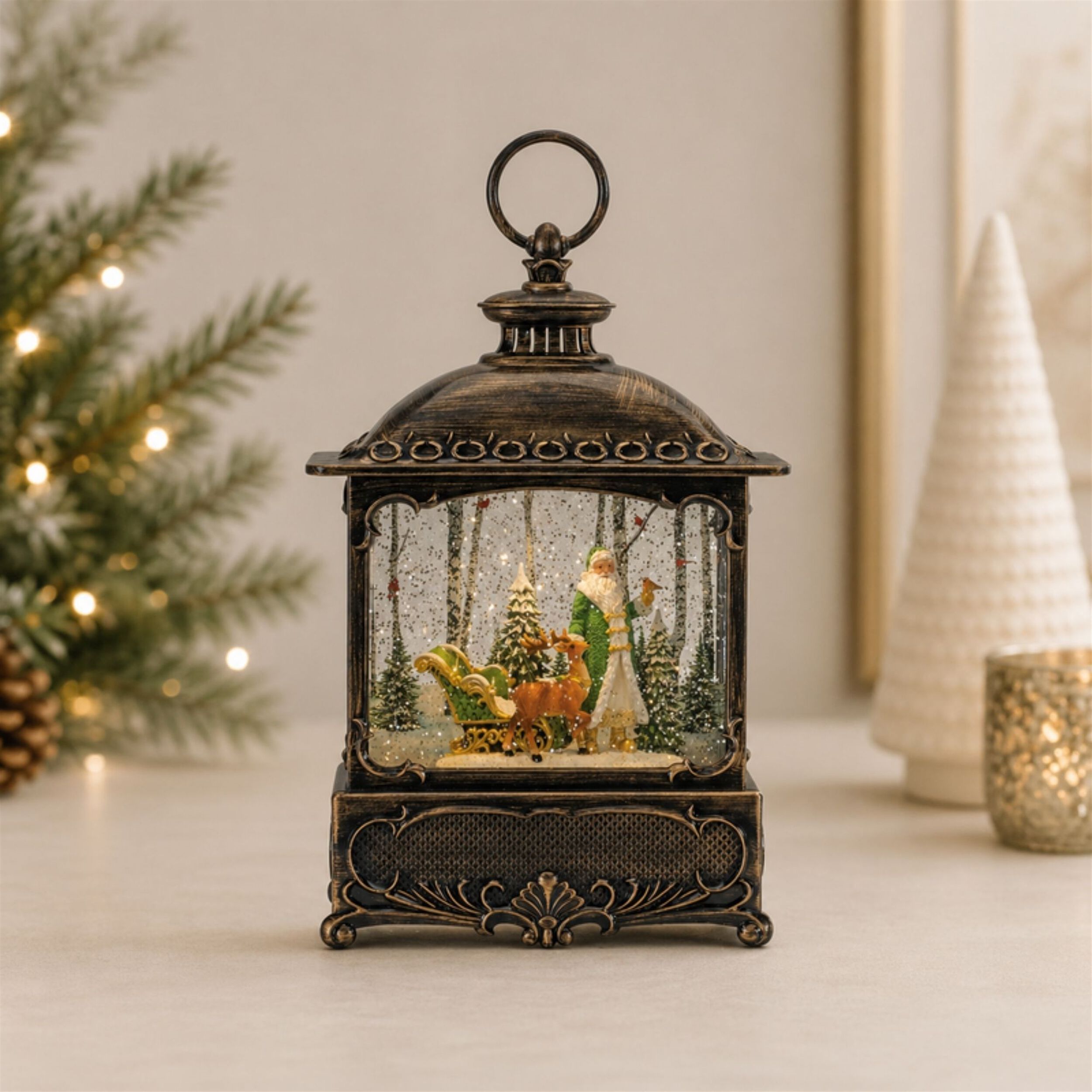 LED Snow Globe Lantern with Santa and Woodland Animals 10.5 inchesH, BRONZE GREEN, alternate image number 2