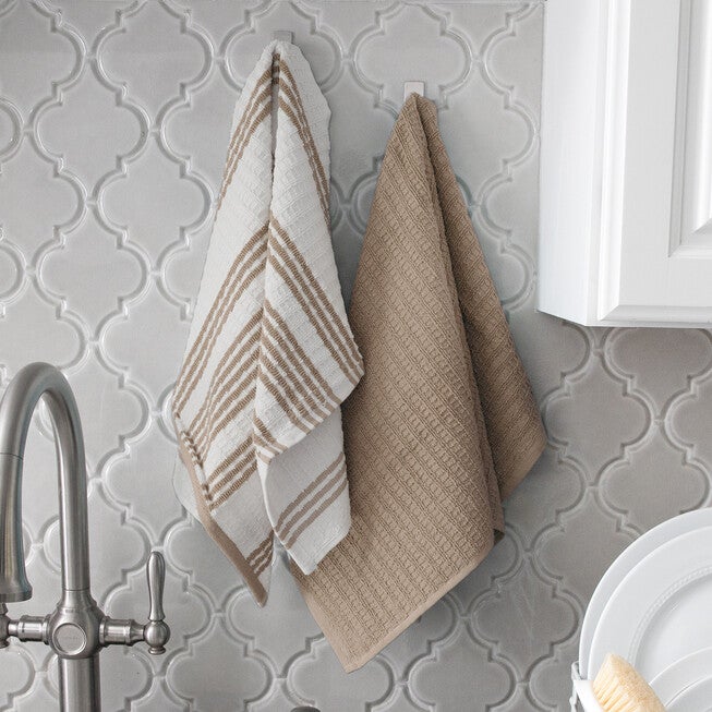 Solid & Stripe Waffle Terry Kitchen Towels, Set Of 2 Towel, , alternate image number null