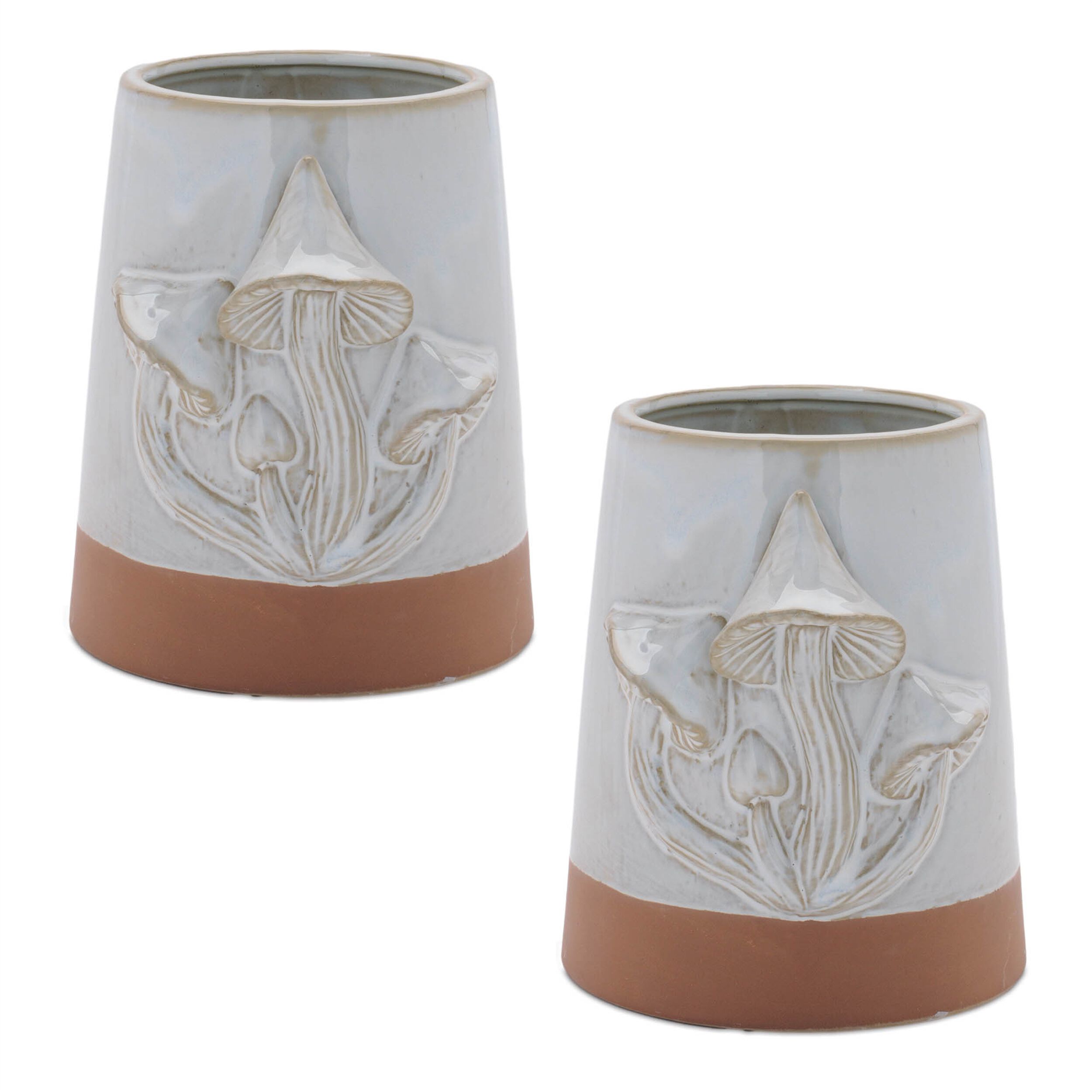 Tapered Porecelain Planter with Mushrooms Set of 2, GRAY BROWN, alternate image number 3