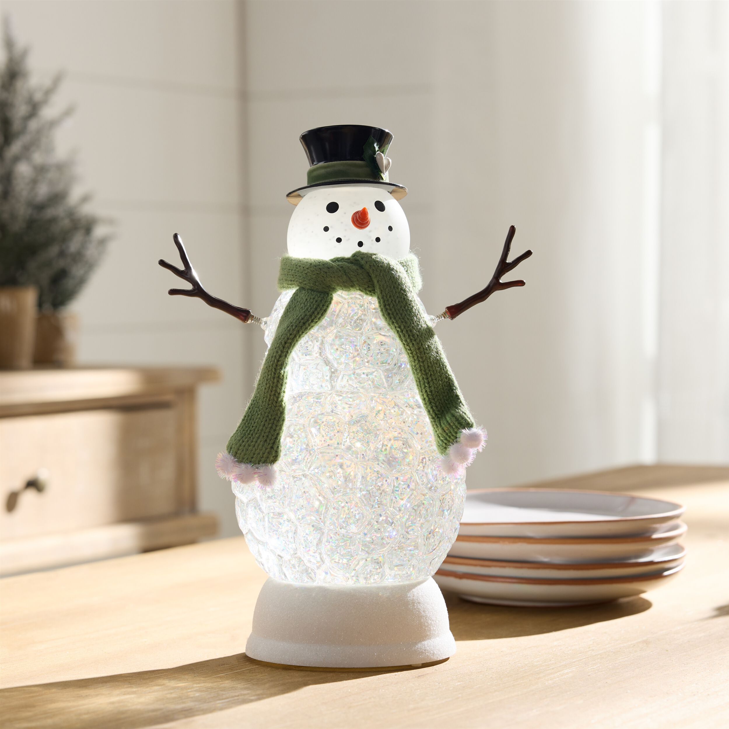 LED Snowman Snow Globe 11 inchesH, WHITE GREEN, alternate image number 3