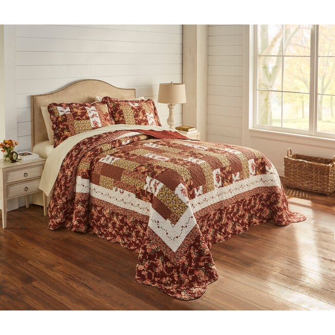 Bedspread, Allison Printed Patchwork Bedspread Collection, BURGUNDY MULTI, hi-res image number null