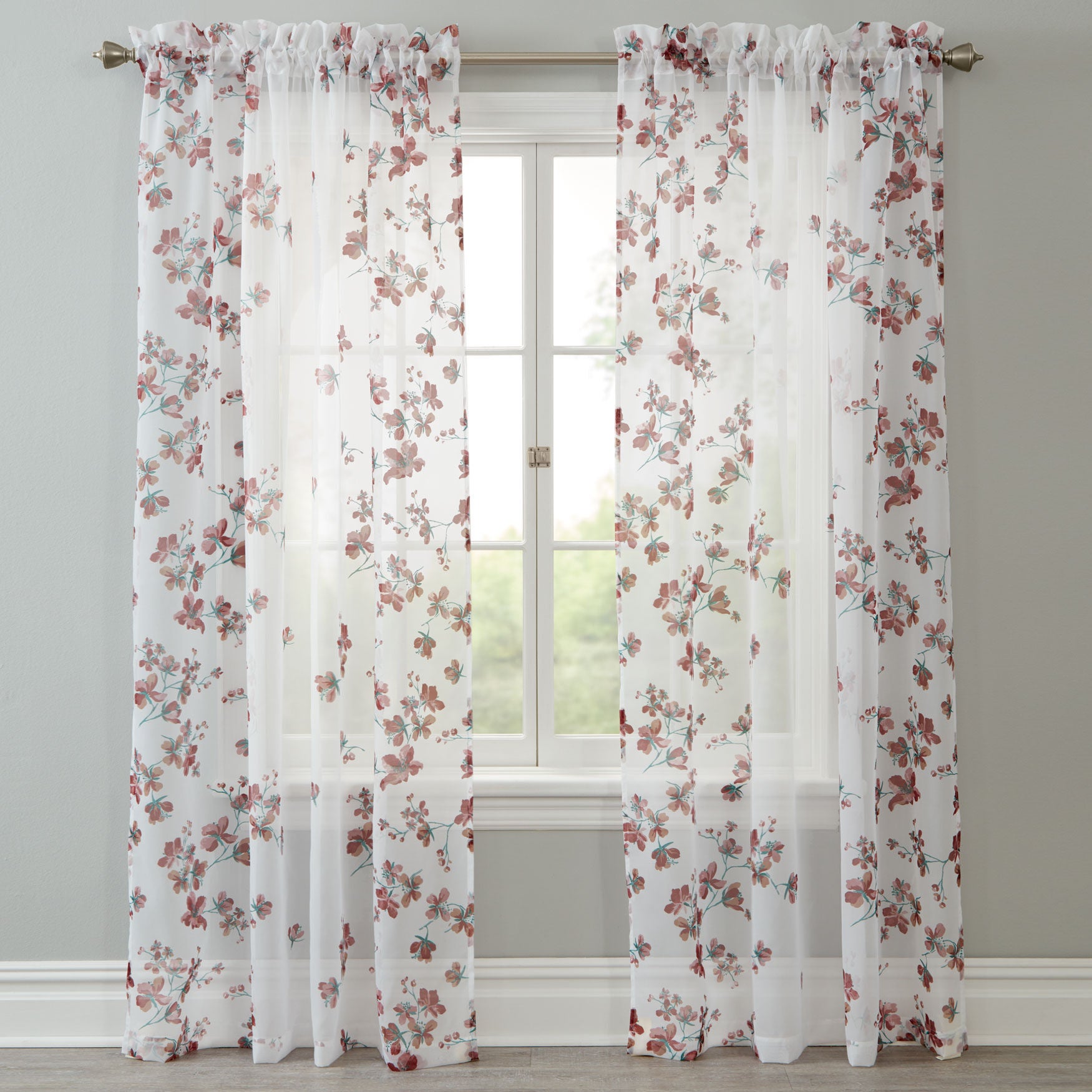 Bella Voile Printed Rod-Pocket Panel, BURGUNDY, hi-res image number 0