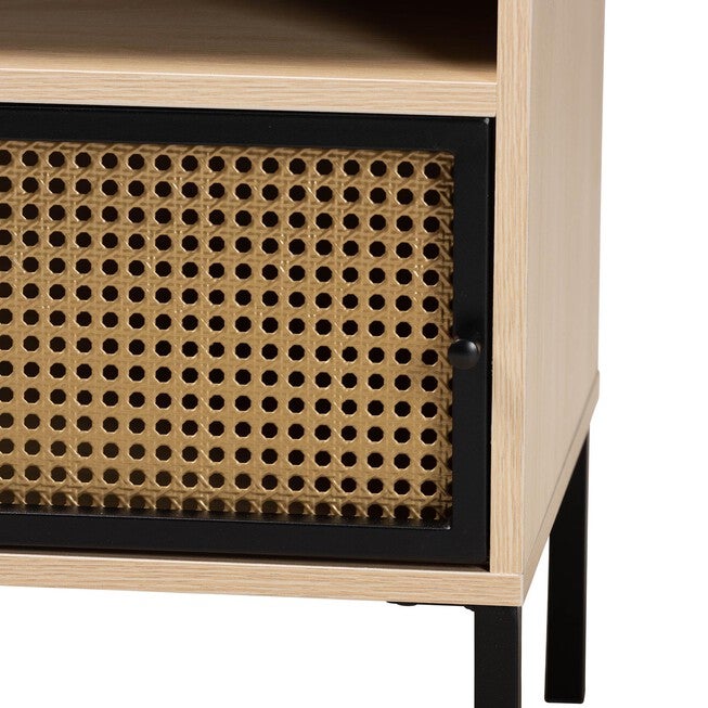 Felton Mid-Century Modern Two-Tone Black And Gold Metal And Light Brown Finished Wood 1-Door End Table, , alternate image number null