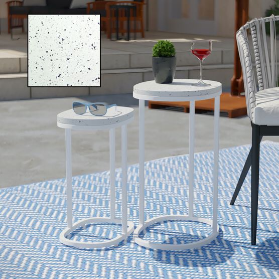 Vicanno Terrazzo Outdoor Nesting Tables 2Pc Set, WHITE, hi-res image number null