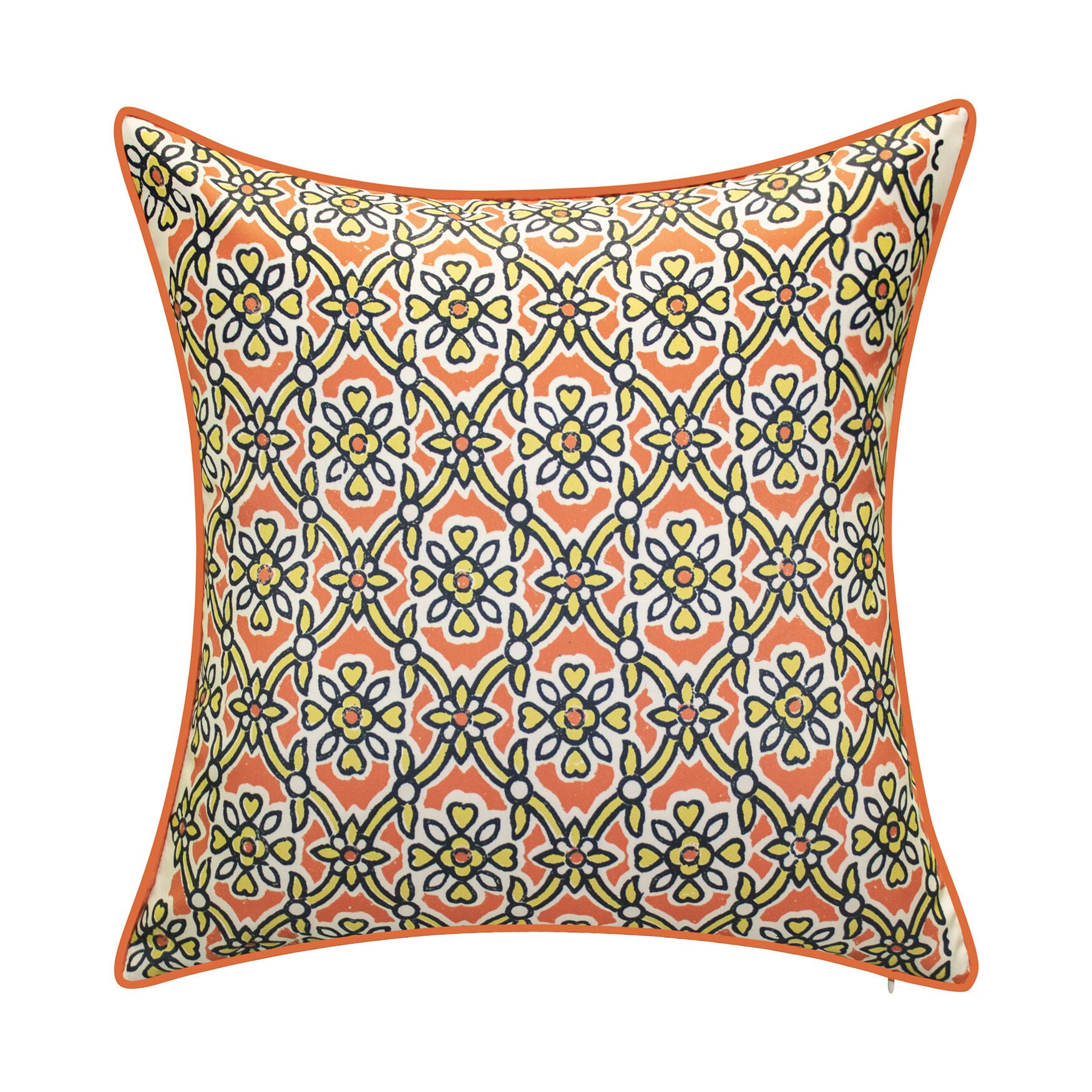 Indoor/Outdoor Reversible Antique Tile Print Decorative Throw Pillow 18X18, Leaf Multi, PUMPKIN, hi-res image number 0