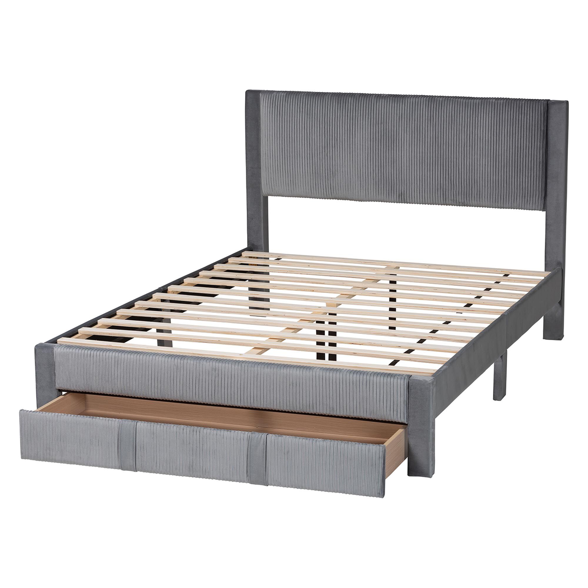 Elora Modern Navy Blue Pleated Velvet Queen Size Storage Bed, GREY, alternate image number 5