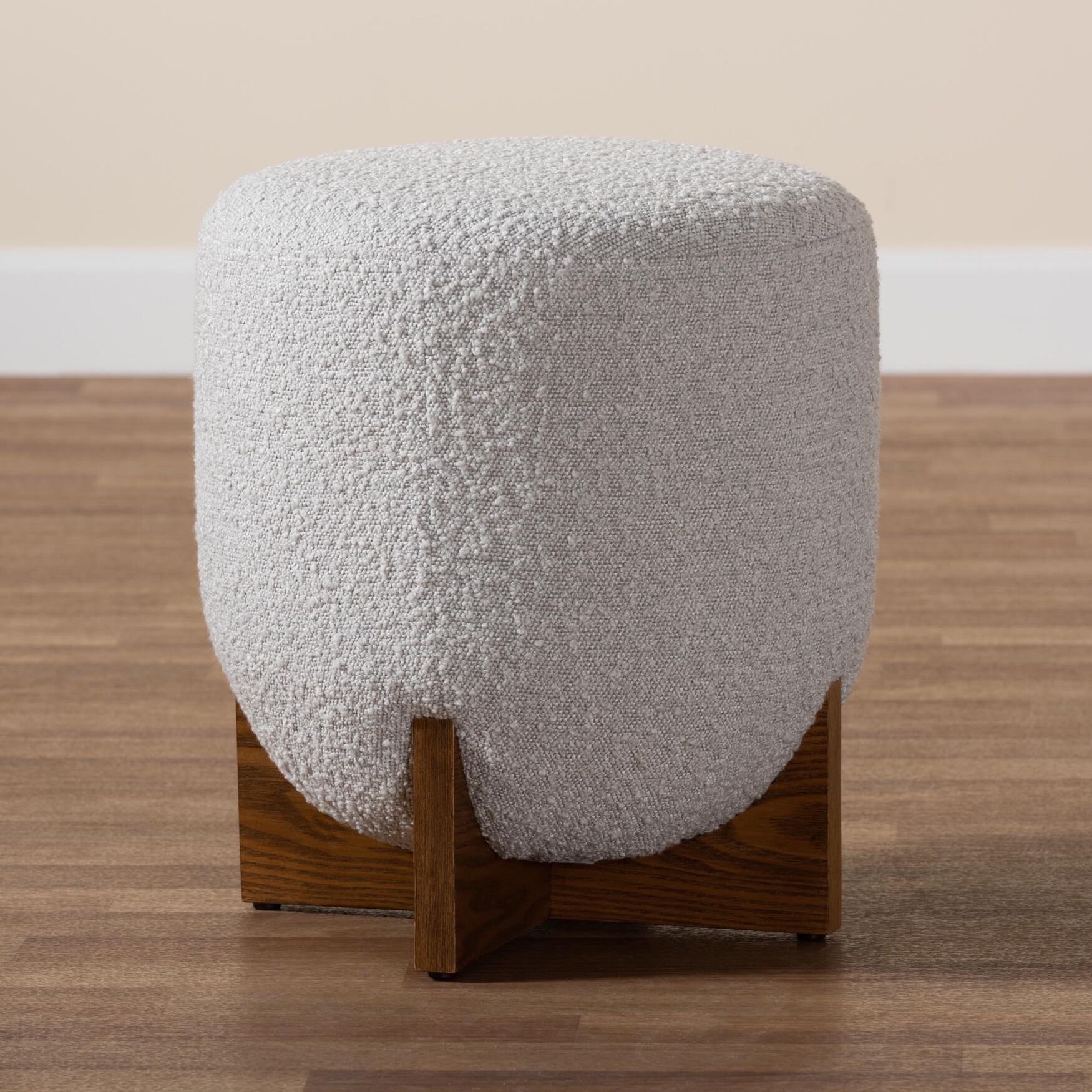 Fisk Japandi Cream Boucle Fabric And Walnut Brown Finished Wood Ottoman Footstool, , alternate image number 11