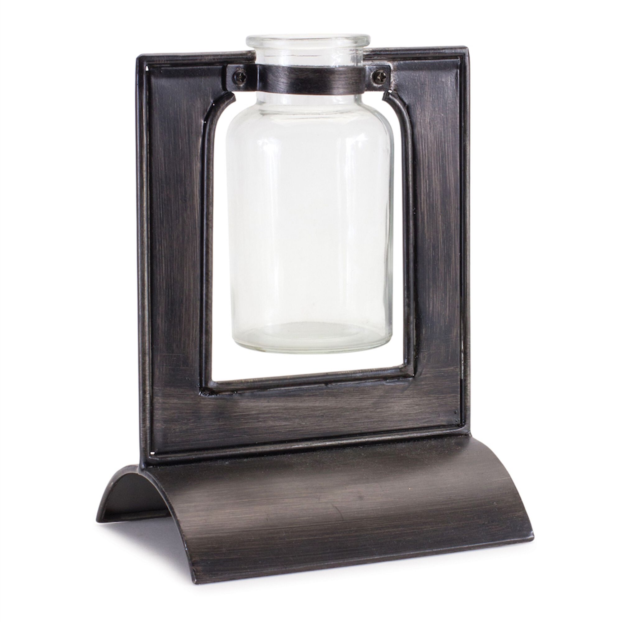 Glass Bottle Vase in Metal Holder 8 inchesH, BLACK, hi-res image number 0
