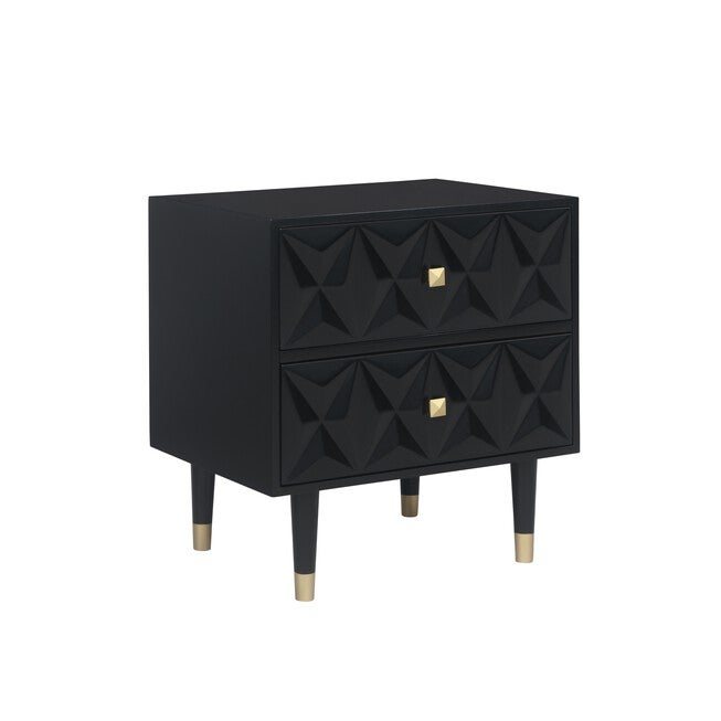 Simple Two Drawer Geo Texture Nightstand, Black Gold | Brylane Home