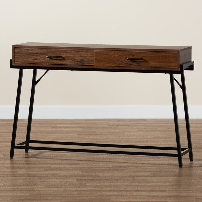Eivor Modern Industrial Walnut Brown Finished Wood And Black Metal 2-Drawer Console Table, , alternate image number 8
