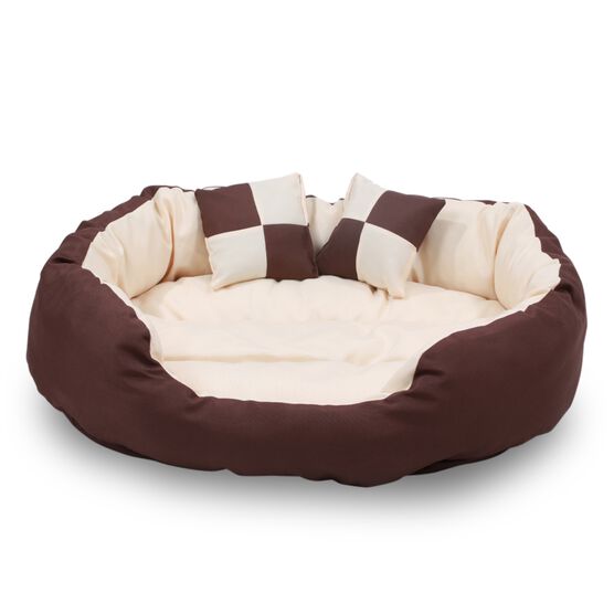 Happycare Tex Durable Bolster sleeper Oval Pet bed with removable reversible insert cushion and additional two pillow , Large 34 by 27 inches ,Brown to Beige, , on-hover image number null