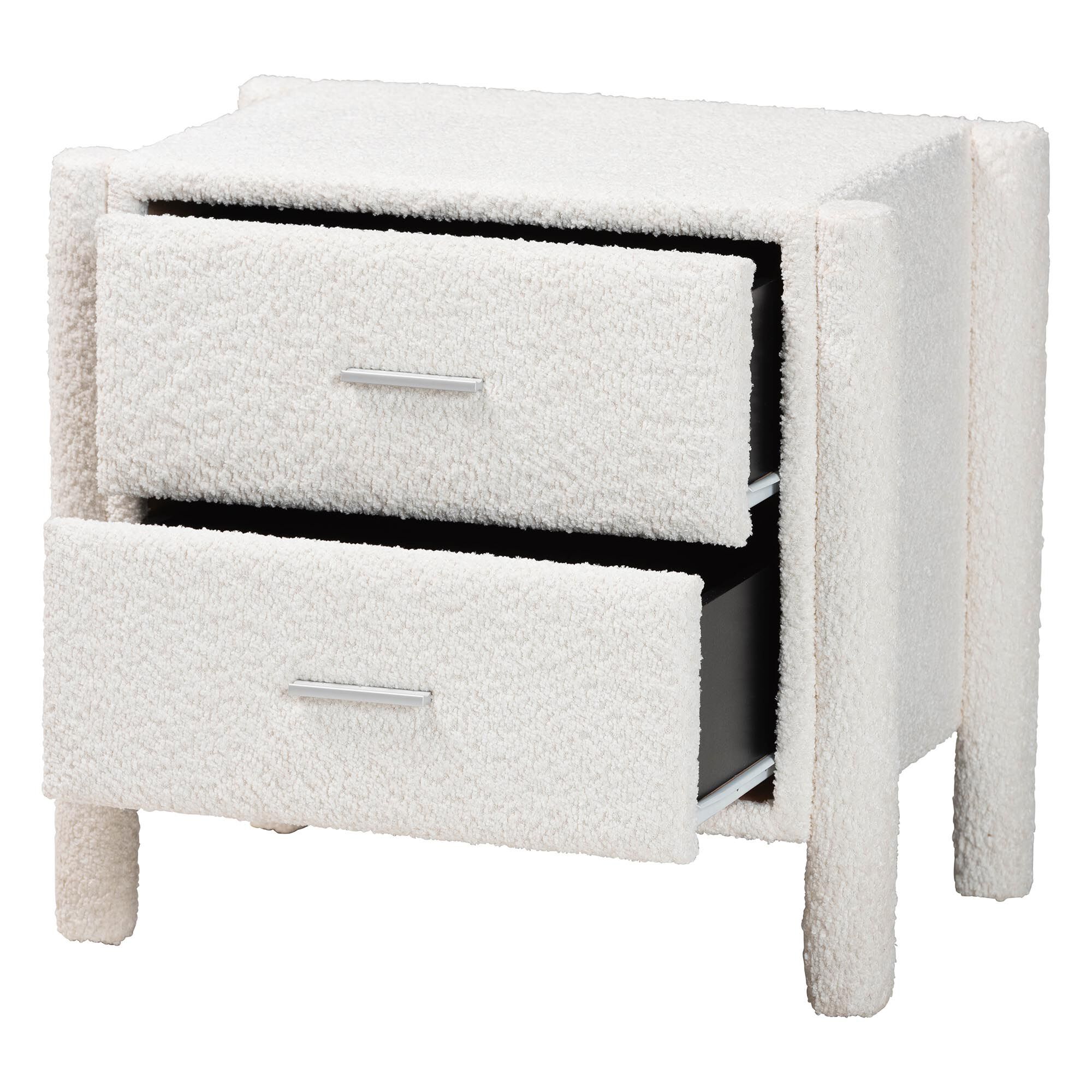 Laria Modern White Teddy-Bear Fabric 2-Drawer Nightstand, WHITE, alternate image number 2