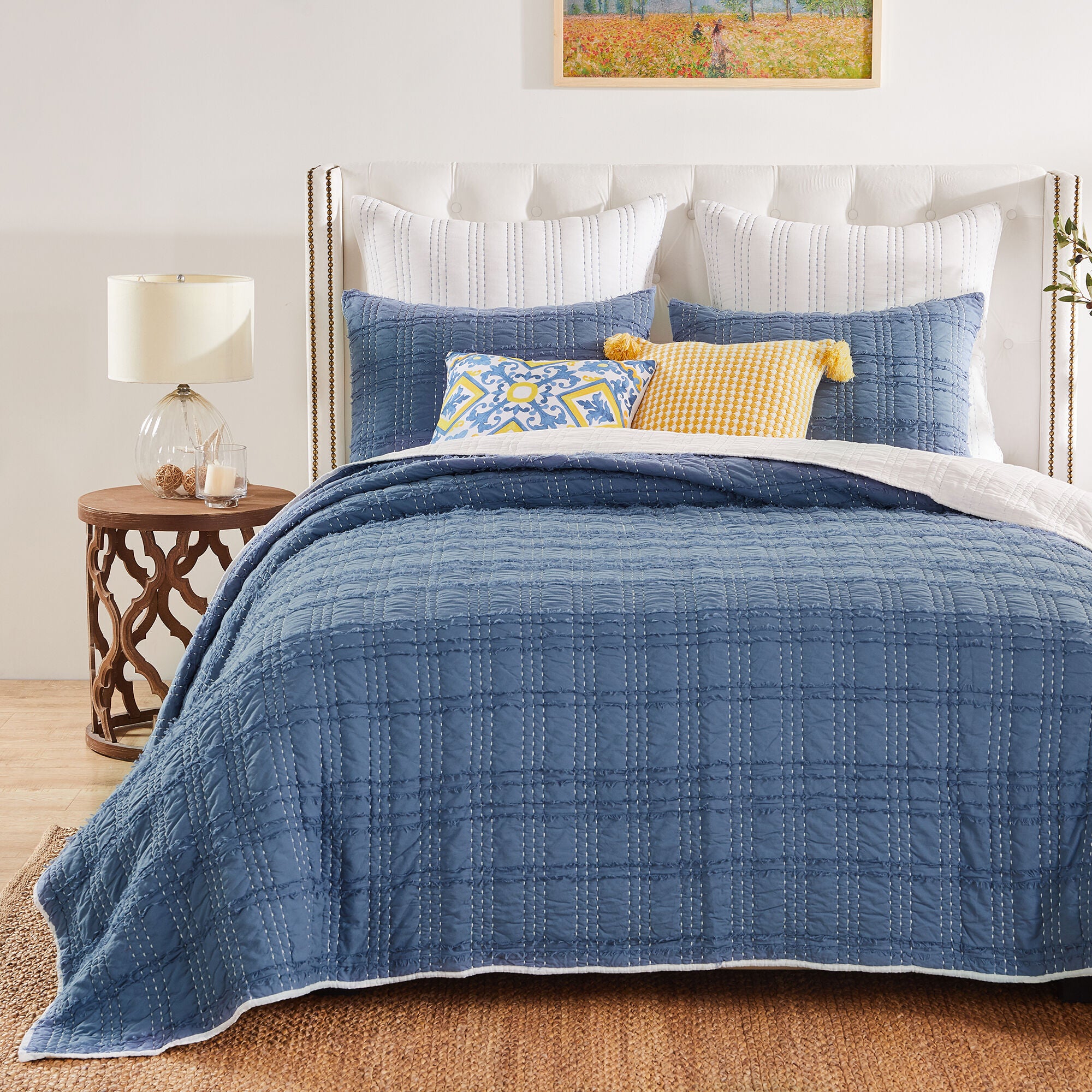 Portofino Finely Stitched Ruffled Quilt Set, Blue, 3-Piece King, BLUE, alternate image number 1