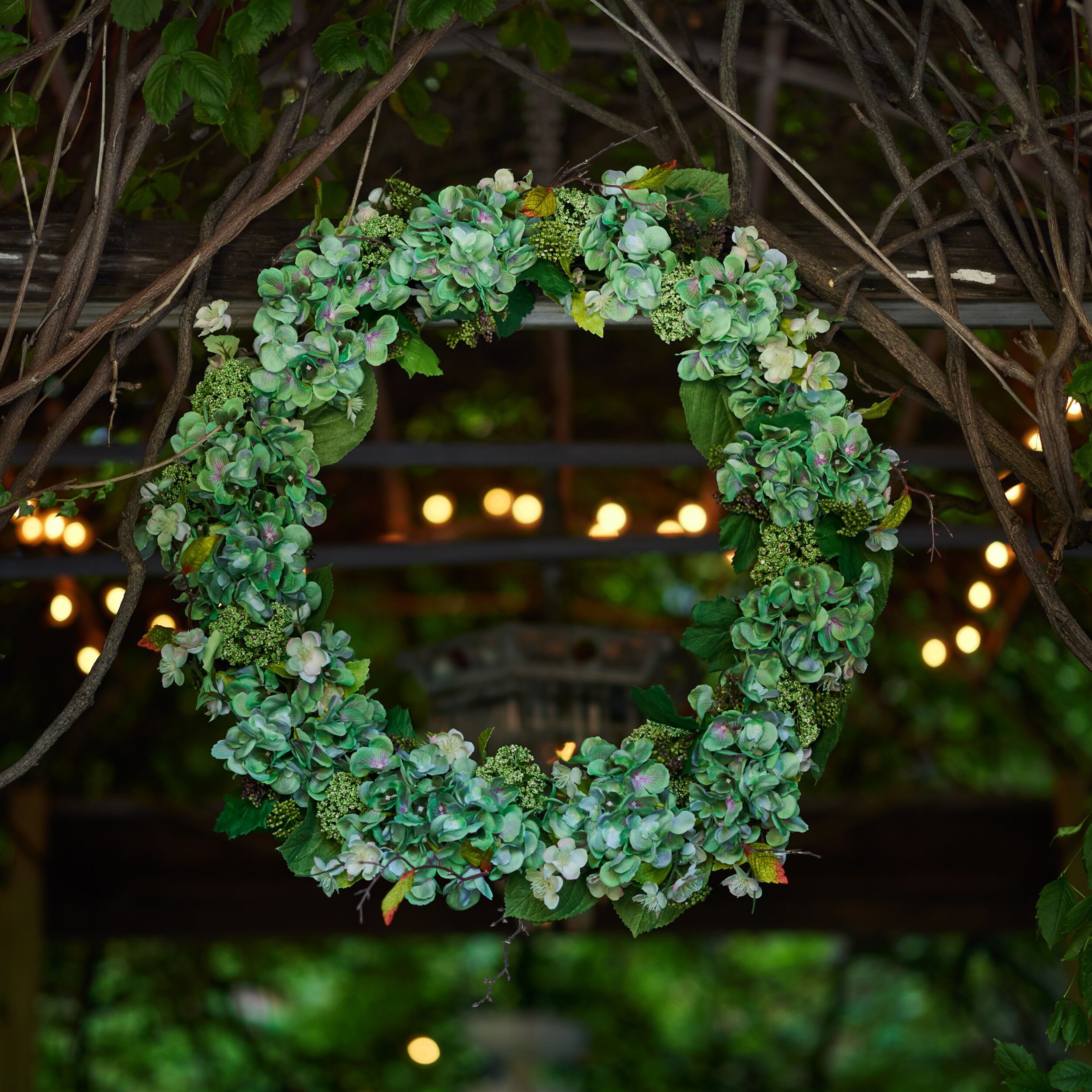 Hydrangea and Seedum Floral Wreath 32IND, GREEN, alternate image number 3