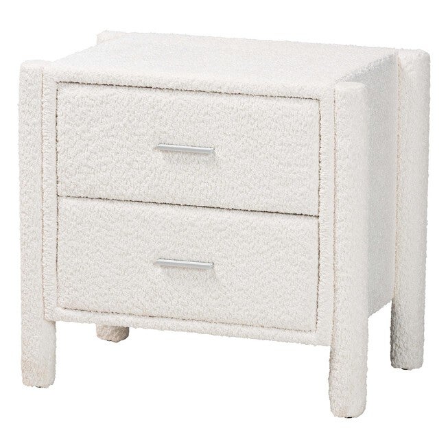 Laria Modern White Teddy-Bear Fabric 2-Drawer Nightstand, WHITE, alternate image number null