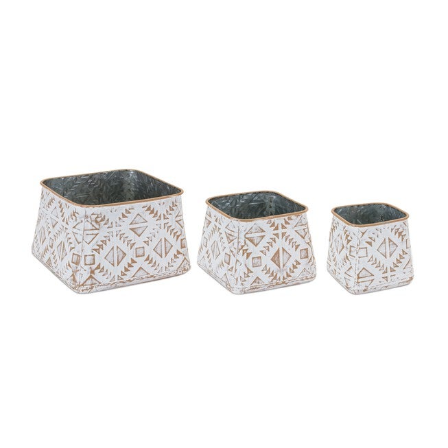 Metal Aztec Box Planter (Set of 3), WHITE/BROWN, hi-res image number null