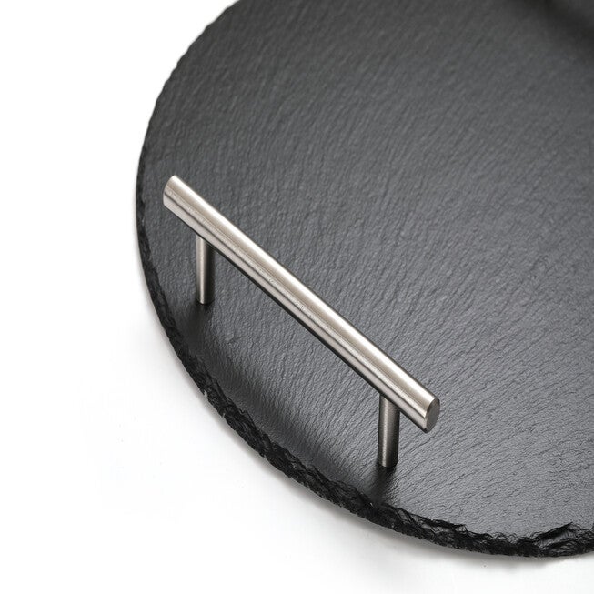 Rounde Slate Stone Serving Tray With Stainless Steel Handkles - Kit, , alternate image number null